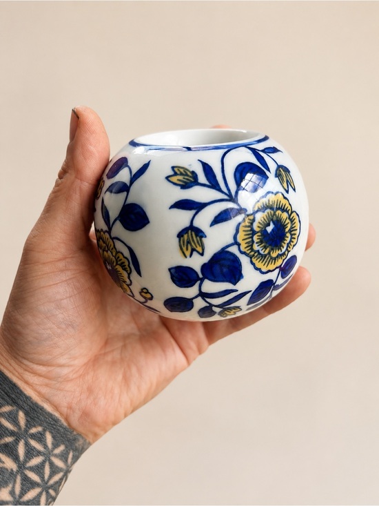 Other - Blue White Yellow Floral Porcelain Vessel Chinoiserie Ceramic Decor 4 Inch